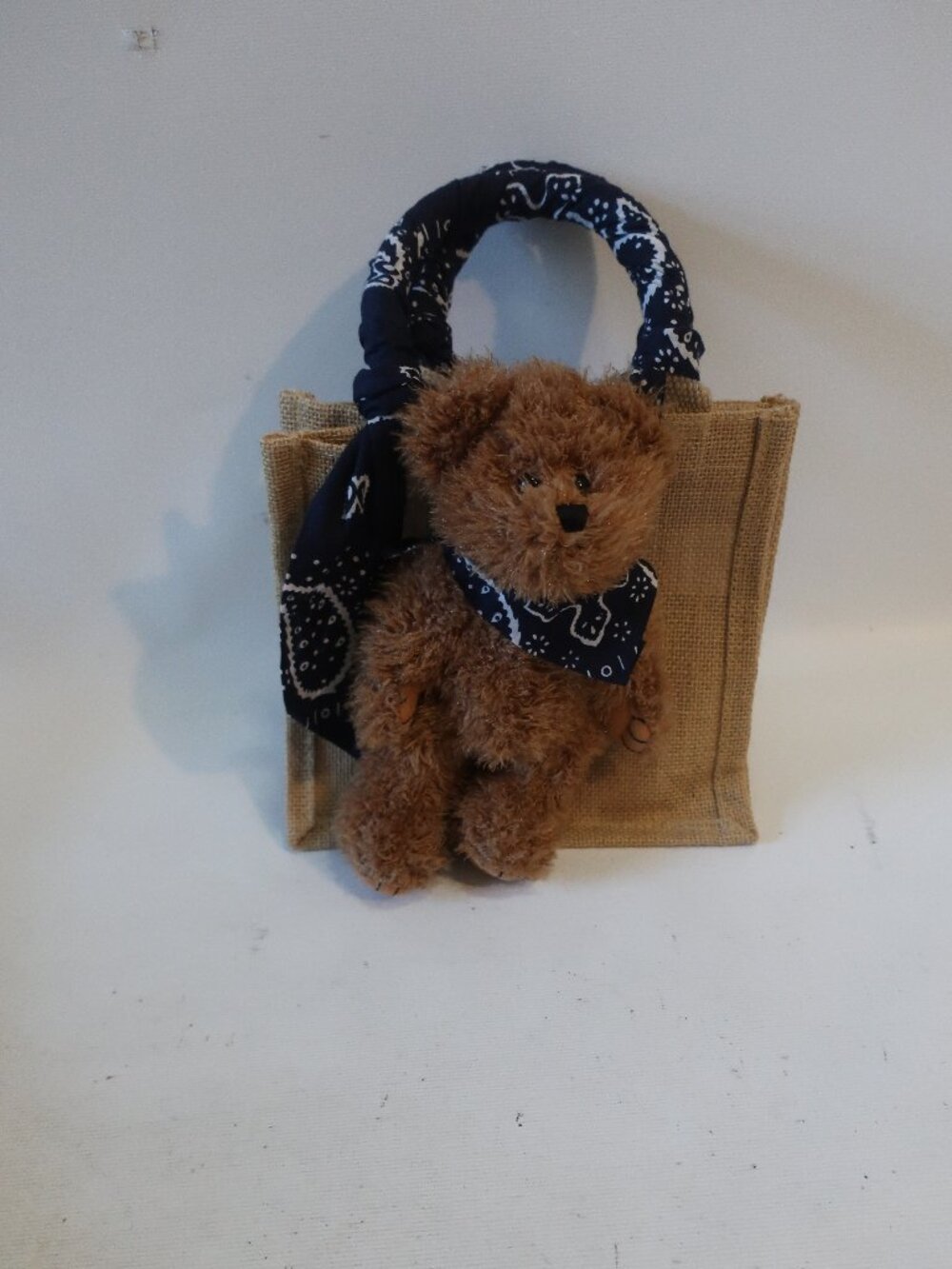 NWT Womens Regina Straw Tote Mini Tote Bag W/Teddy Bear Navy Blue Bandana